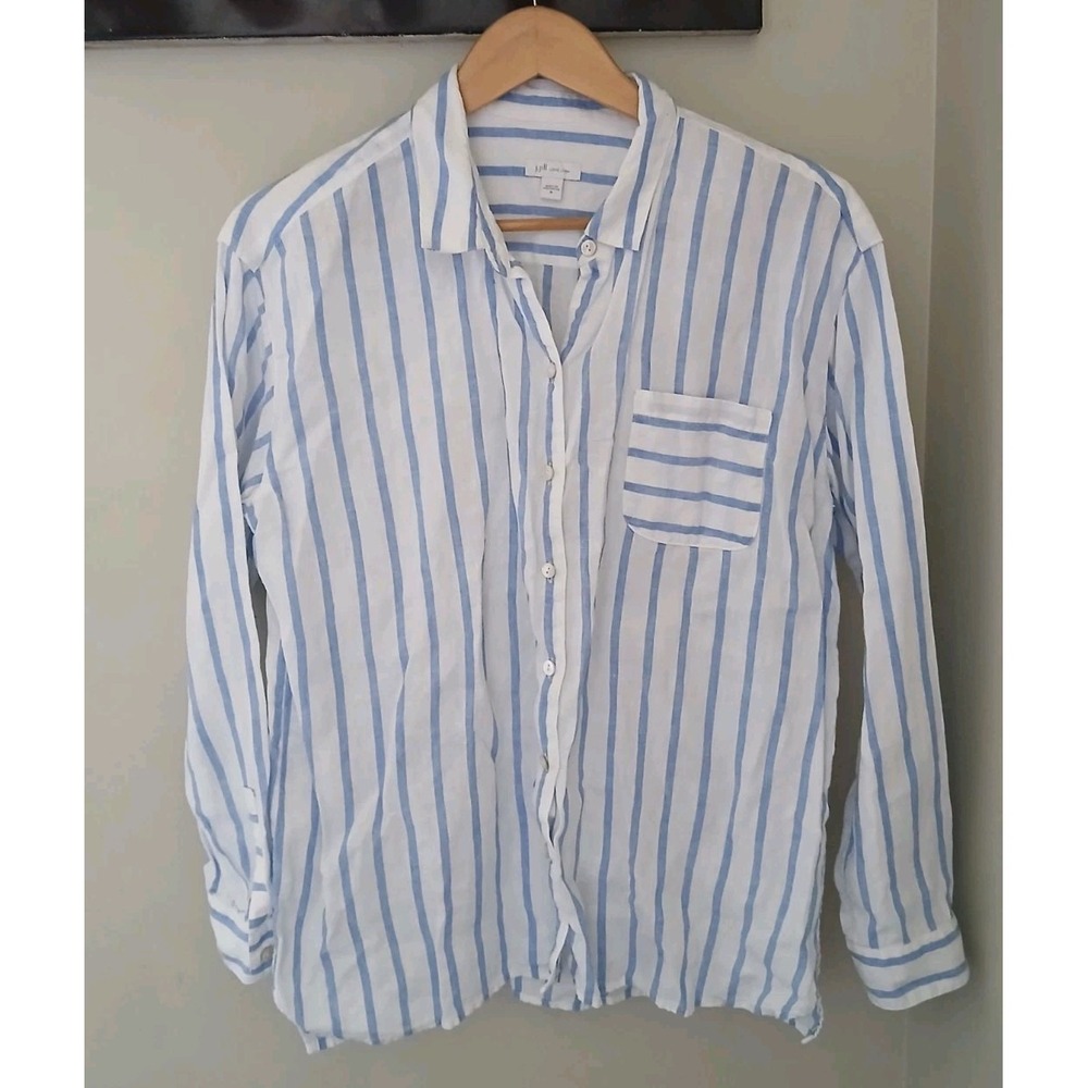 J. Jill Love Linen Button Up Blouse Size Medium Stripes Beach Coastal Preppy